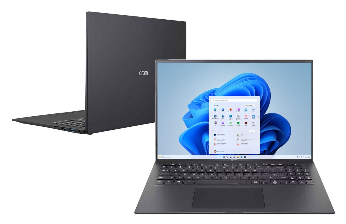 Dwa czarne laptopy LG Gram, jeden otwarty z interfejsem Windows 11, drugi zamknięty.
