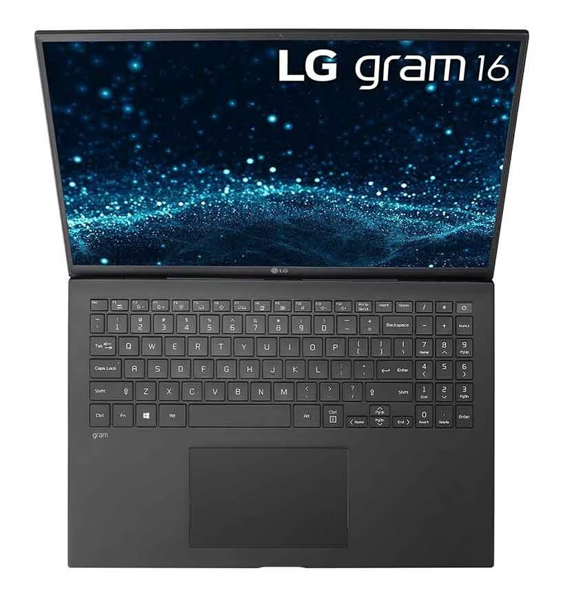 Otwarty czarny laptop z podświetlonym ekranem z niebieskimi i białymi światłami.