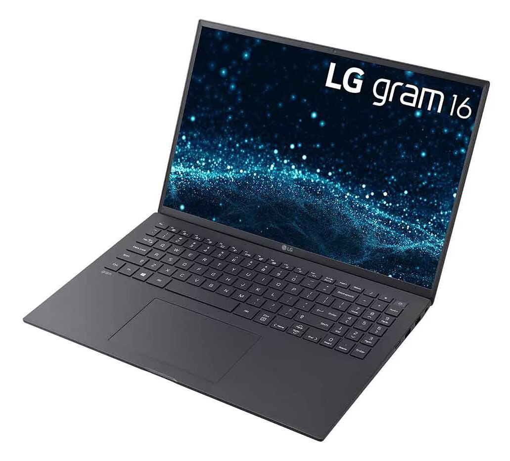 Ciemnoszary laptop LG, otwarty z ekranem wyświetlającym niebieski i biały obraz abstrakcyjny.