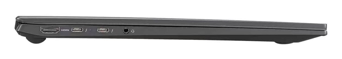 Czarny laptop z boku, pokazujący port HDMI, USB-C, gniazdo audio i inne.