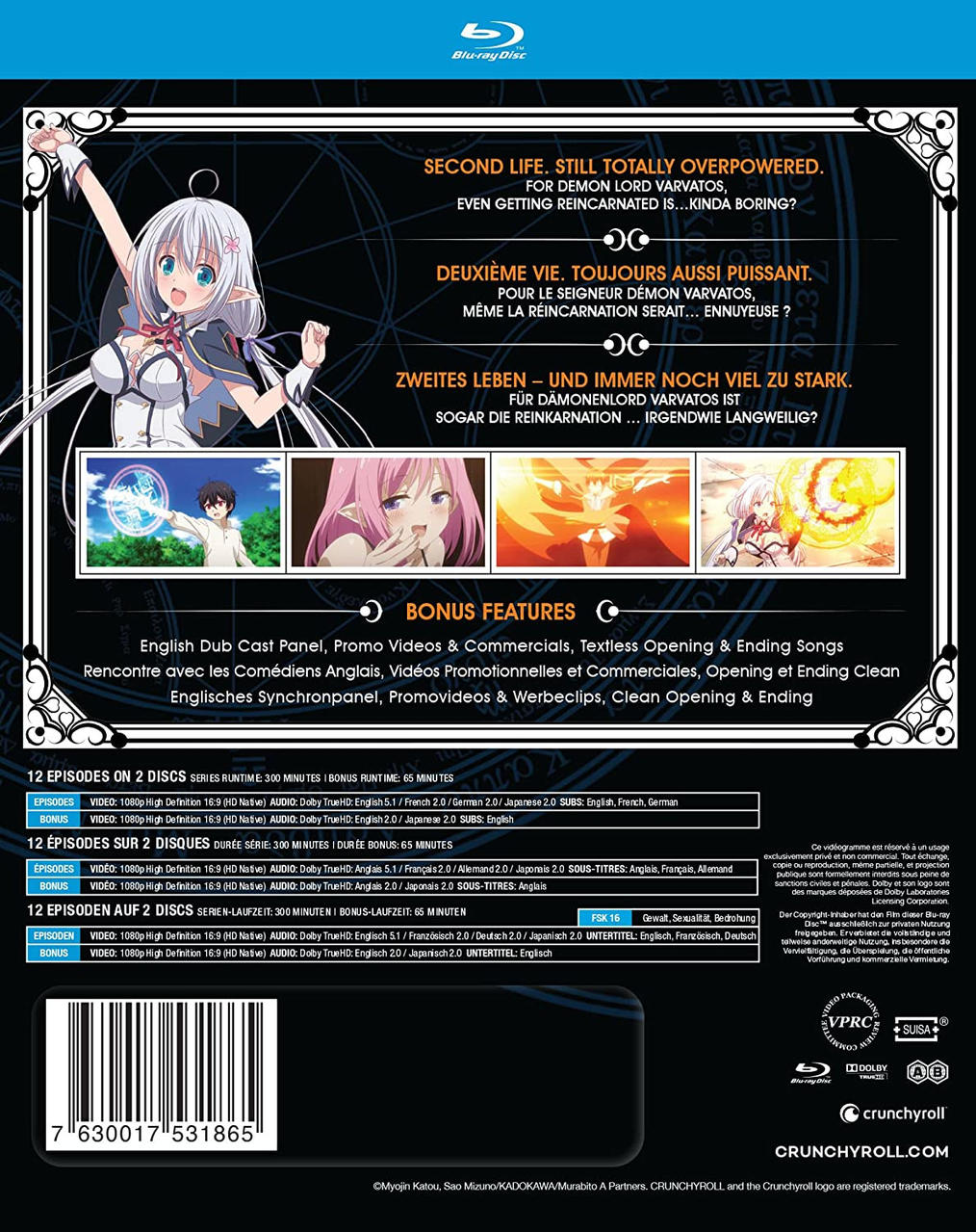 Anime Blu-ray-Hülle hinten mit Text und Charakterbildern.