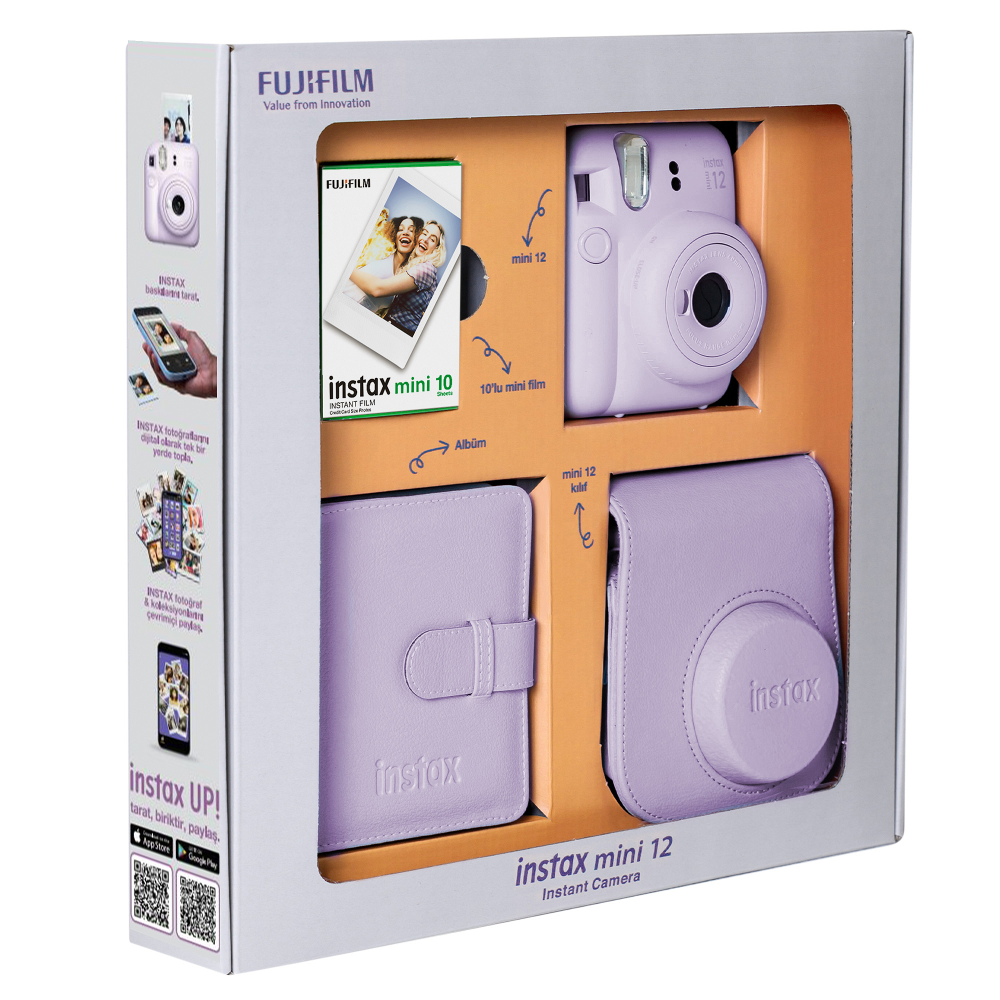 Bir Fujifilm Instax mini 12 kamera kiti, bir kamera, film, albüm ve kılıf dahil, hepsi bir kutuda.