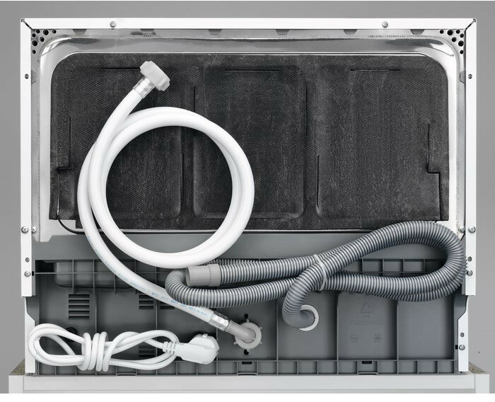 Tył zmywarki, pokazujący węże, przewód zasilający i różne elementy wewnętrzne w szarym wnętrzu.