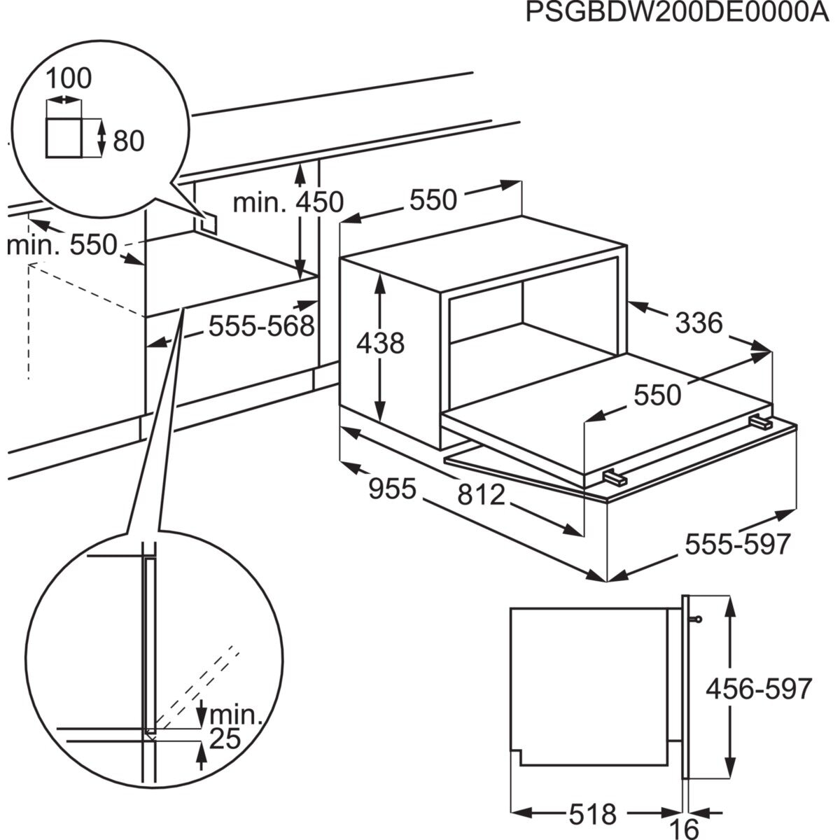 Schemat piekarnika do zabudowy z wymiarami.