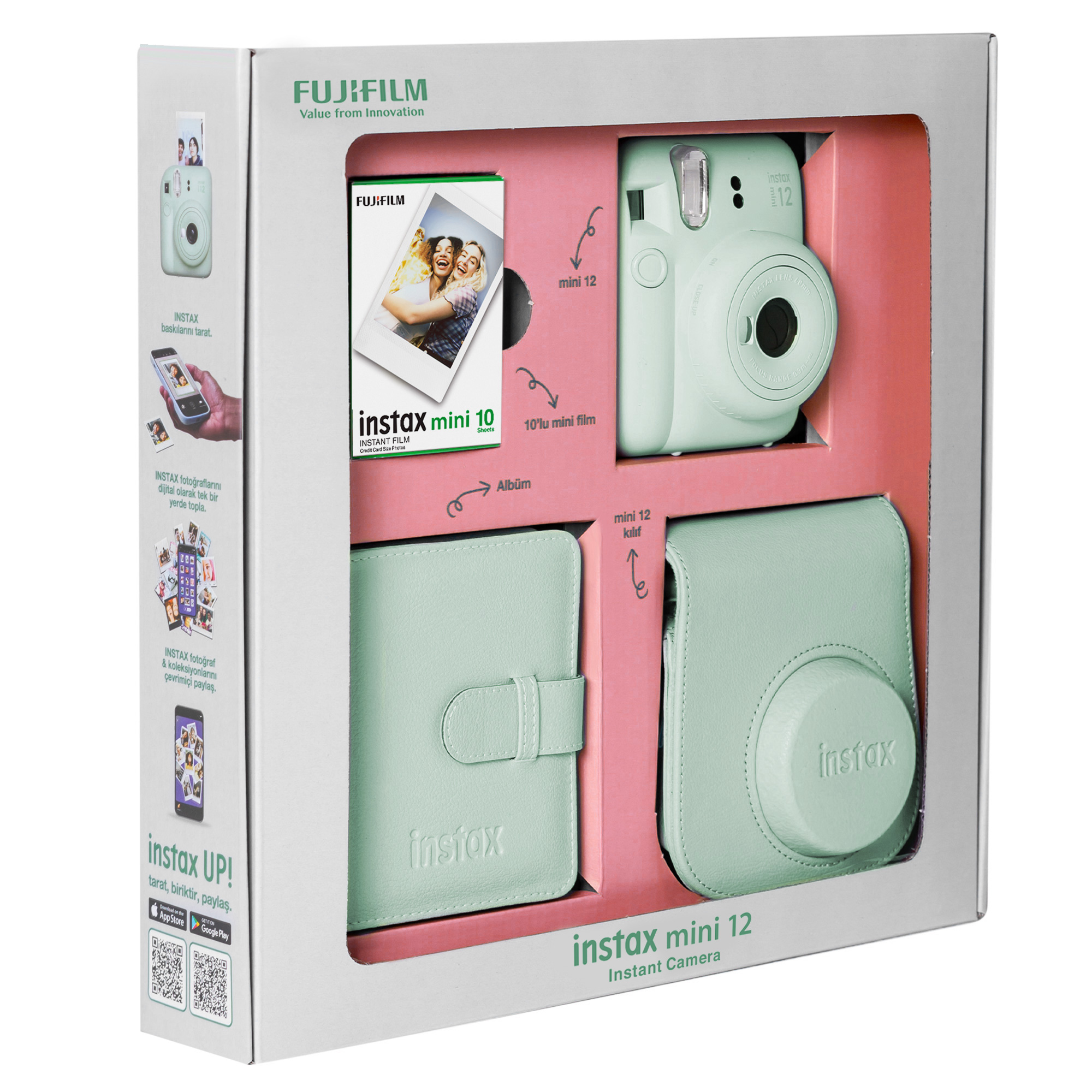 Kutulu nane yeşili Instax mini 12 kamera kiti. Kamera, film, kılıf ve albüm içerir. Fujifilm markası görünür.