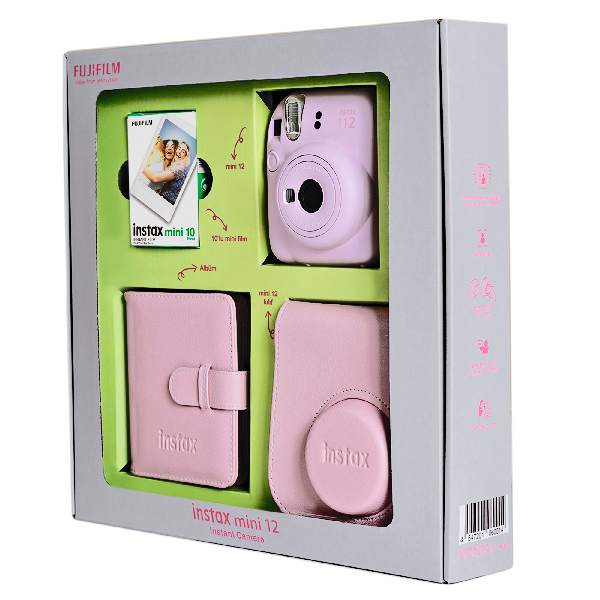 Bir kutuda pembe bir anında fotoğraf makinesi seti, bir kamera, film, kılıf ve albüm içerir.