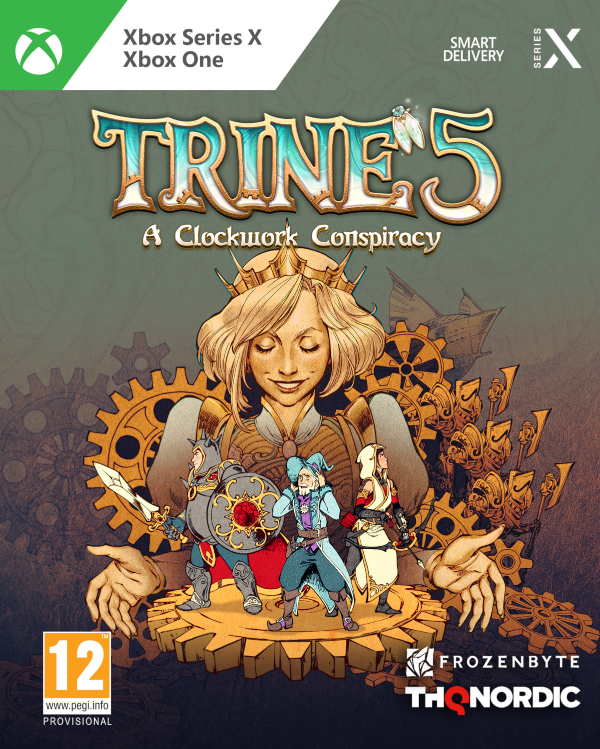 Jaquette de jeu Trine 5: A Clockwork Conspiracy, avec personnages illustrés.