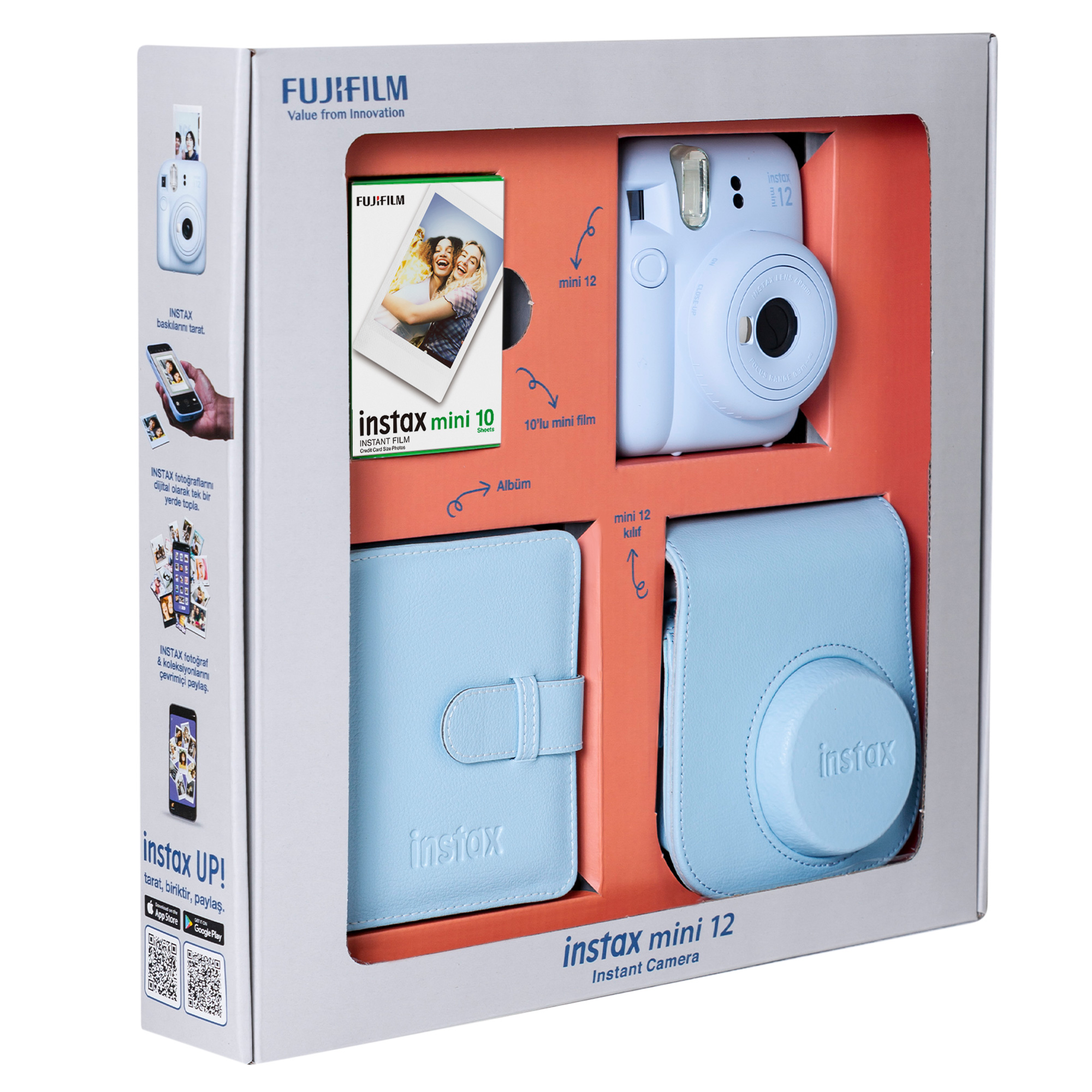 Bir kutuda Instax mini 12 kamera ve aksesuarlar.