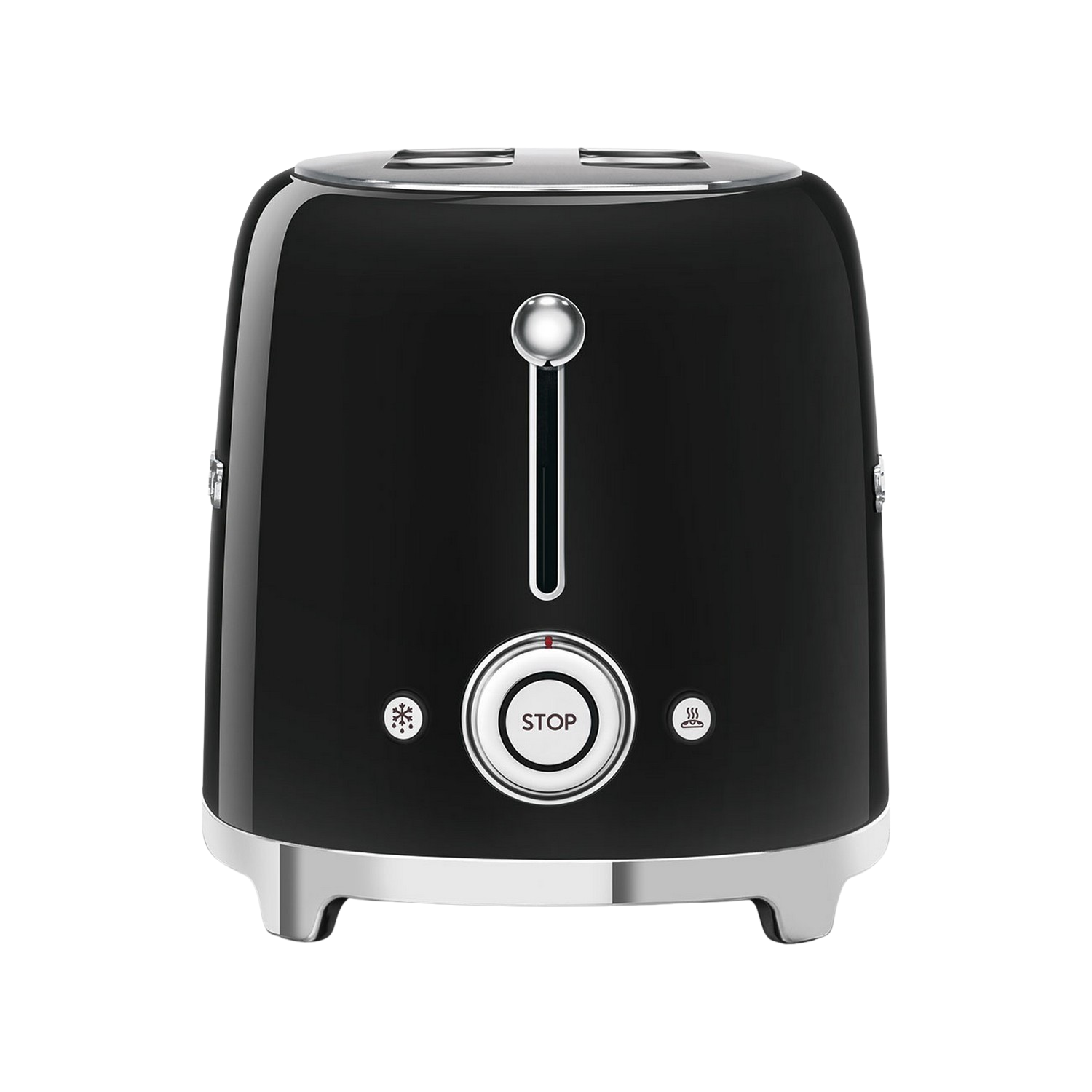 Un grille-pain noir avec une base et des accents argentés, avec un bouton d'arrêt et un cadran.