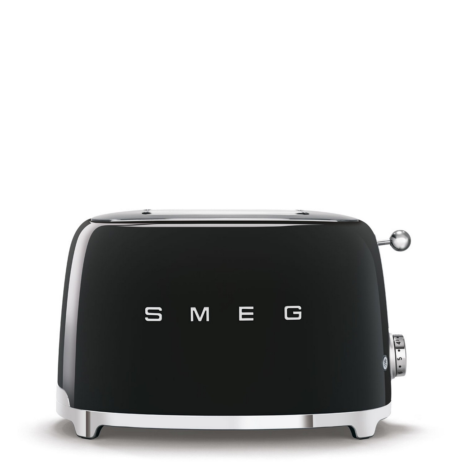 Grille-pain SMEG noir avec des accents argentés. Il dispose d'un cadran et de trois boutons avec le logo SMEG.