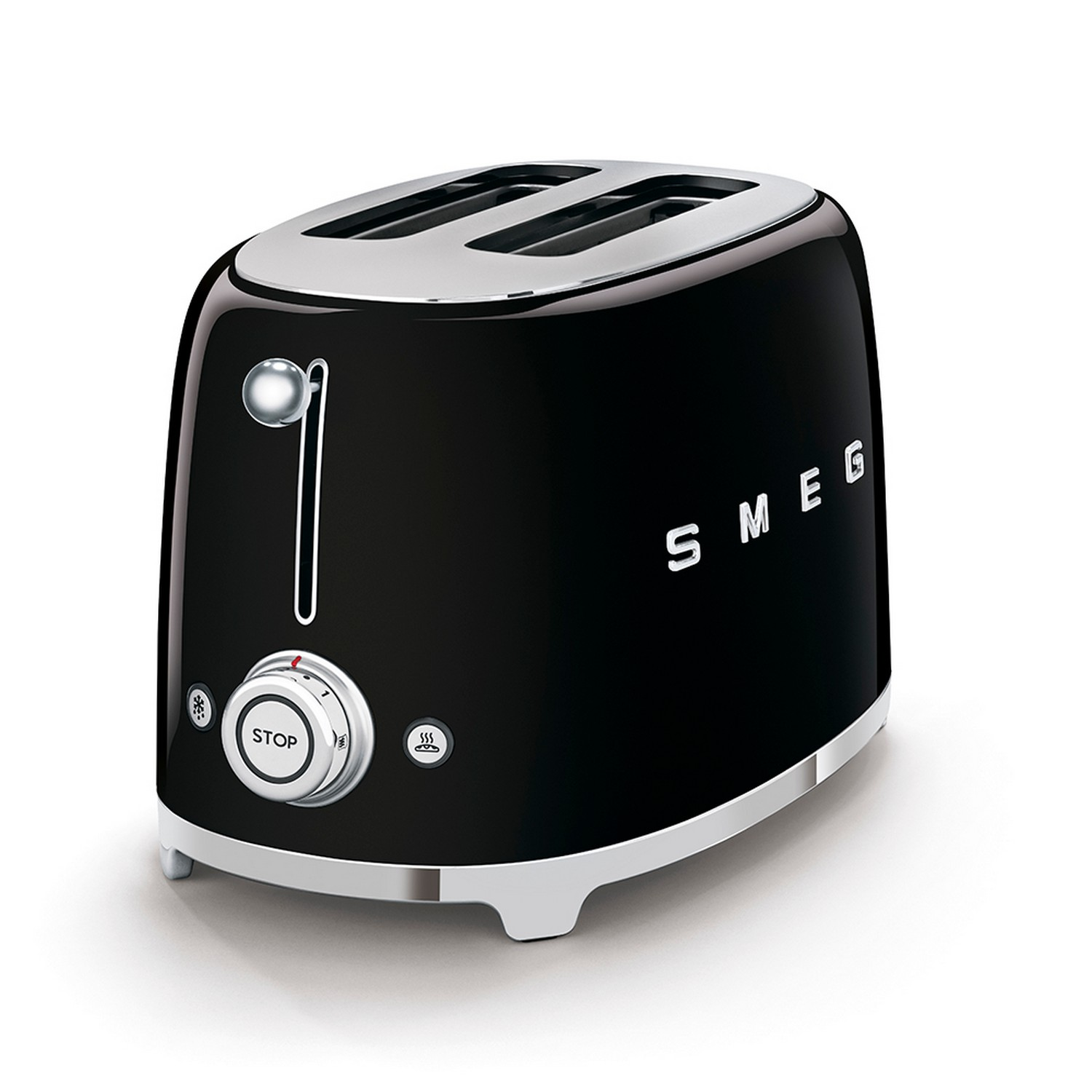 Grille-pain Smeg noir. Deux fentes pour le pain grillé. Levier et cadran argentés. Fond blanc.