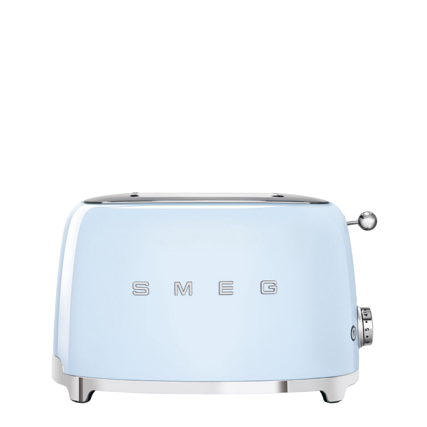Een lichtblauwe SMEG broodrooster op een zwarte achtergrond.