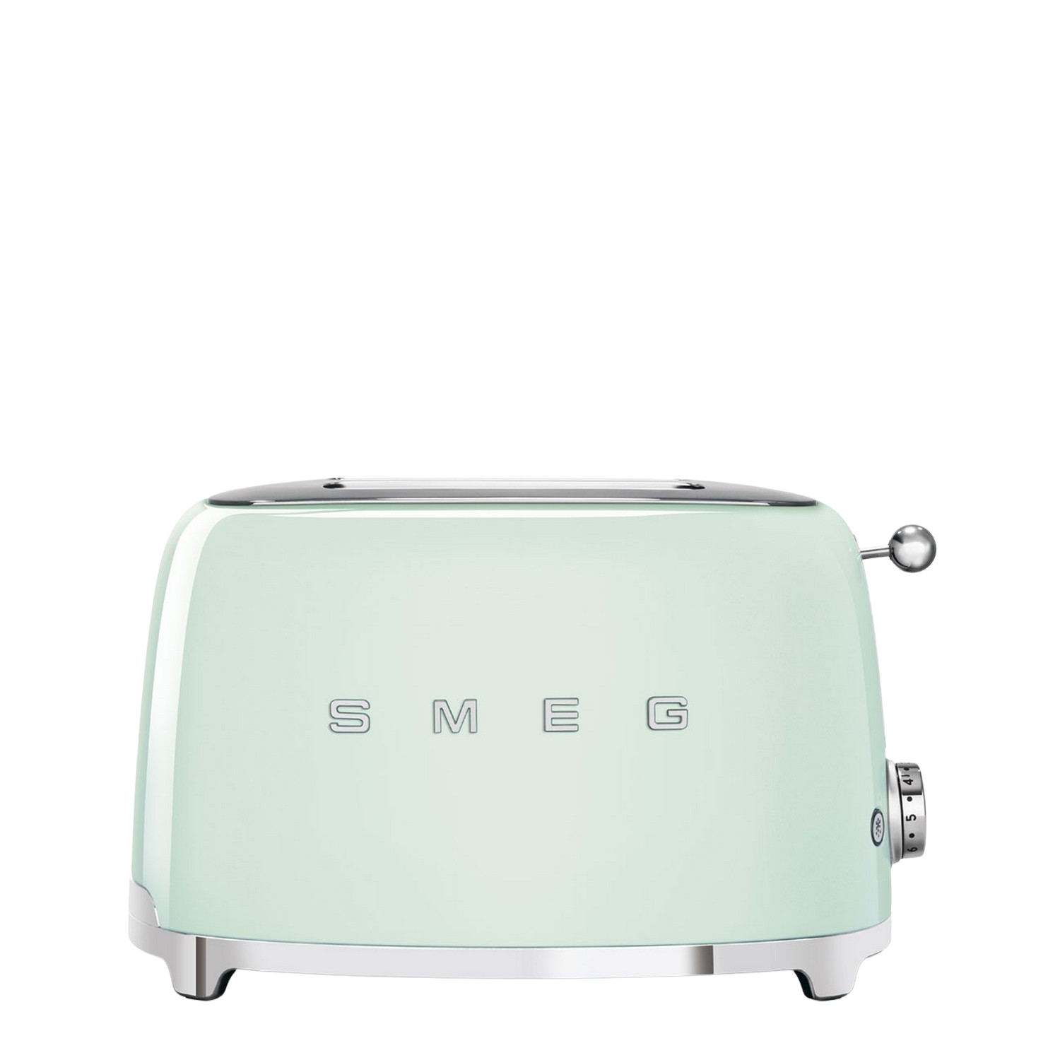 Smeg mintgroene broodrooster. Chromen accenten en een draaiknop voor bruiningsniveaus op zwarte achtergrond.