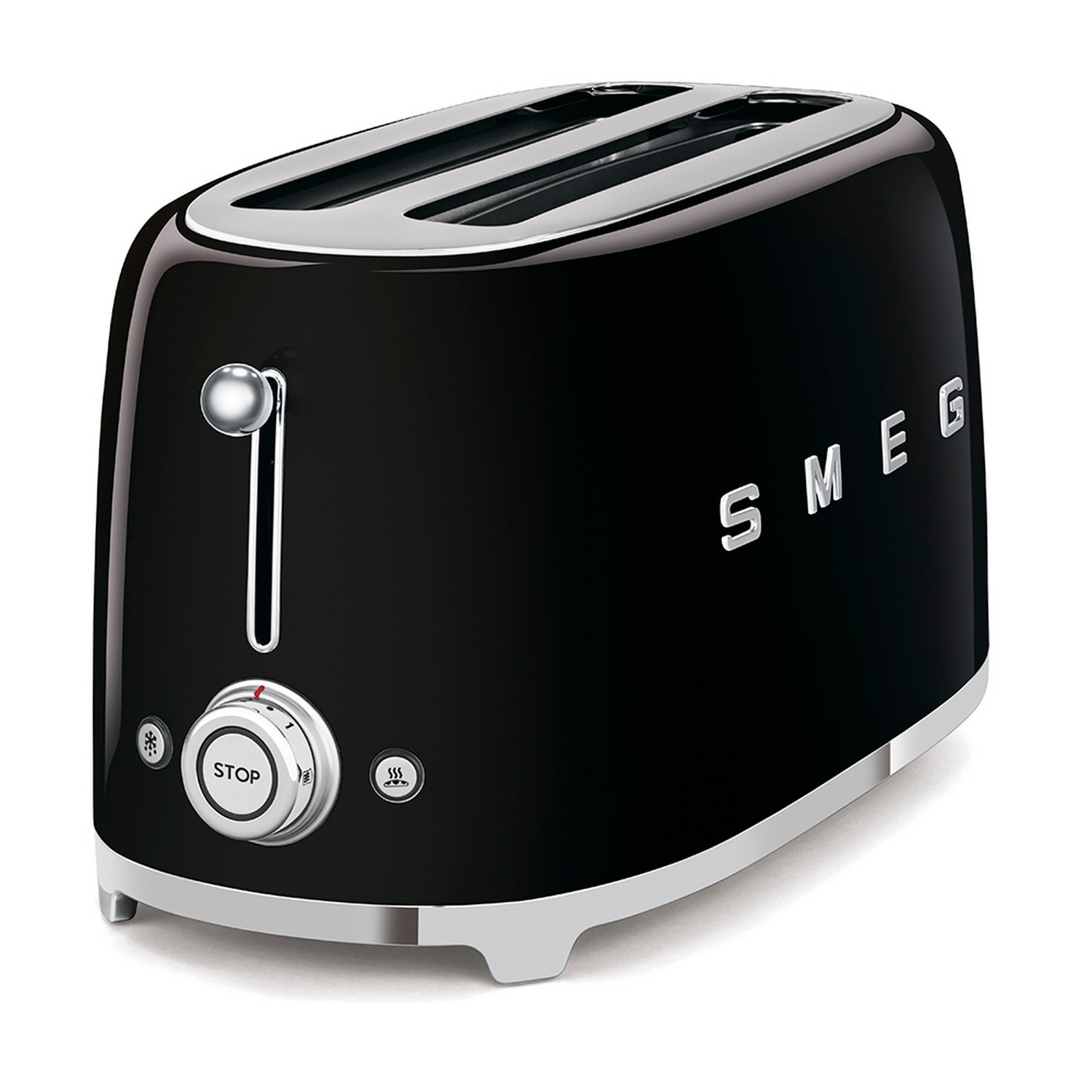 A black Smeg toaster with a chrome lever and dial, on a white background.