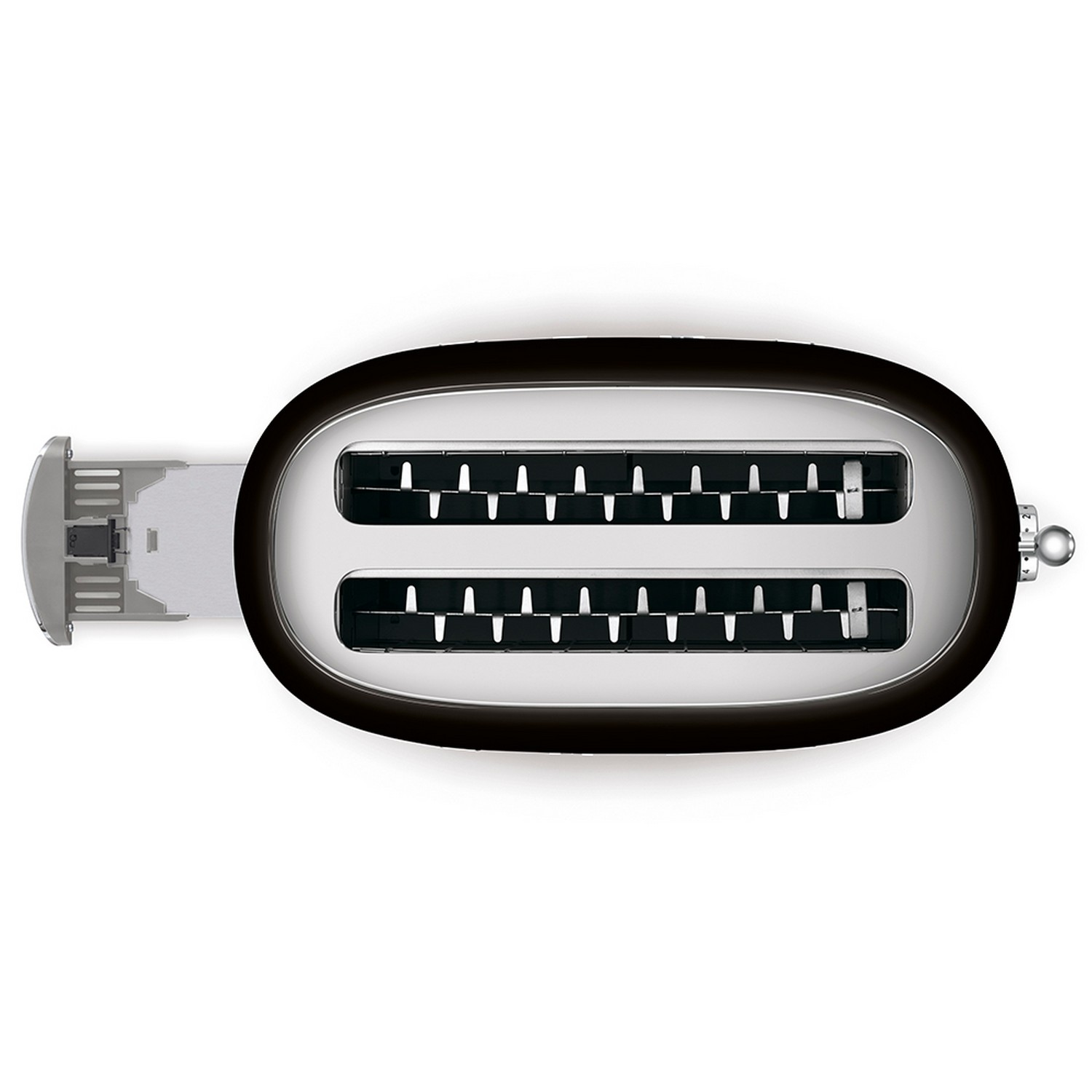 Top view of a black and silver toaster with two slots.
