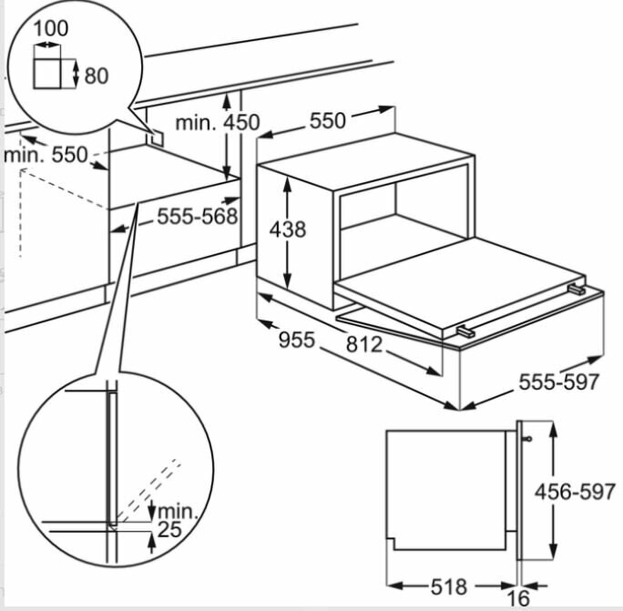 Schemat piekarnika do zabudowy z wymiarami, pokazany w kuchni.
