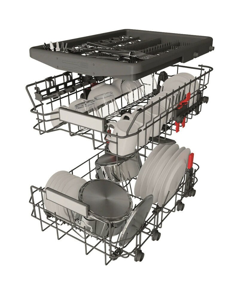 Wnętrze zmywarki z naczyniami, szklankami i sztućcami w koszach. Widoczny design.