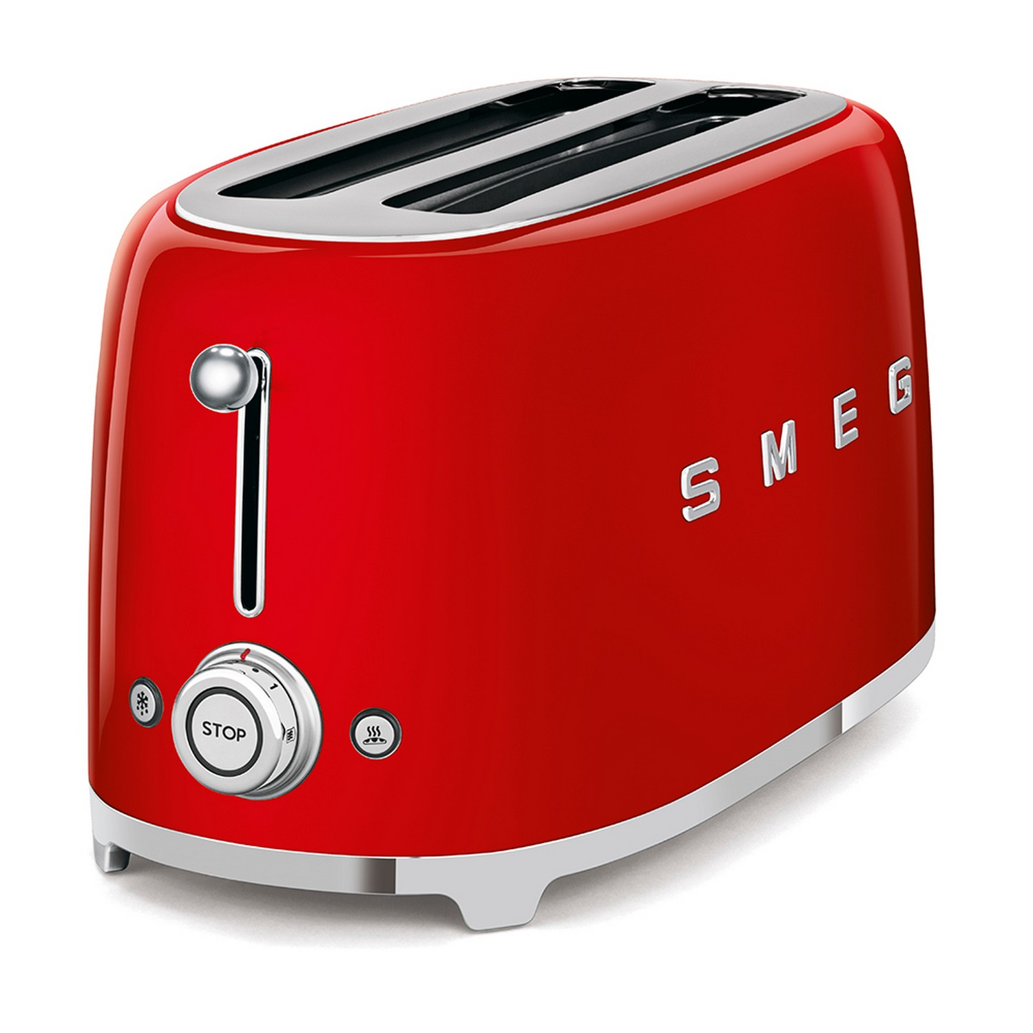 Red Smeg toaster with chrome details. Two slots, controls on the side.