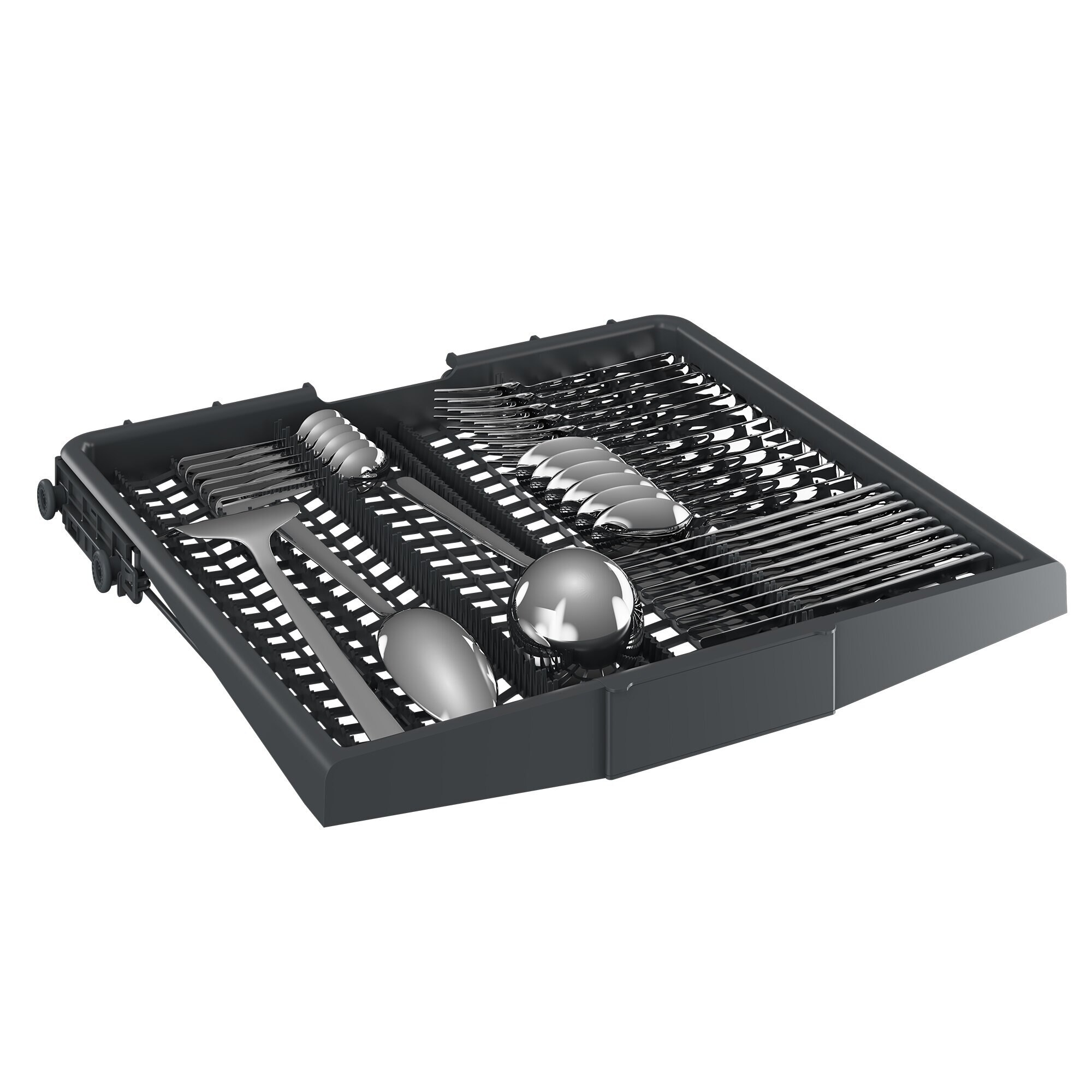 Tacka zmywarki ze sztućcami i przyborami do serwowania, wszystko w układzie kratkowym.