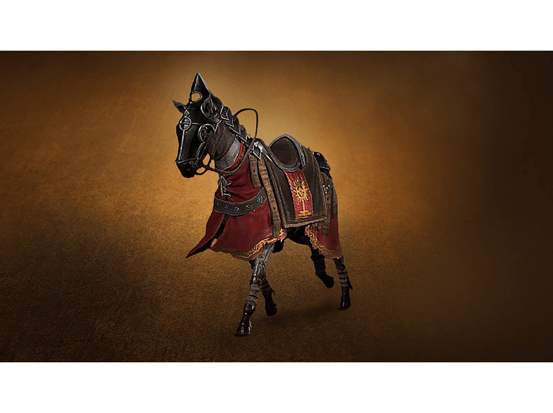 Un caballo con armadura. El caballo es oscuro y tiene una silla de montar roja y dorada. Fondo marrón.