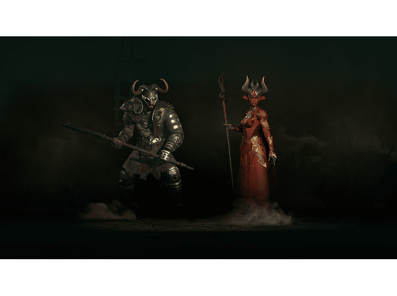 Dos personajes de fantasía, uno blindado, otro en rojo, en un ambiente oscuro.