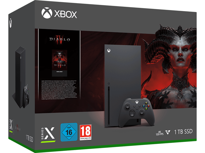 Caja Xbox Series X. Caja del juego Diablo IV, consola y mando visibles.