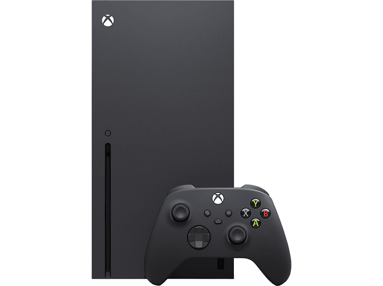 Una consola Xbox Series X negra con un mando.