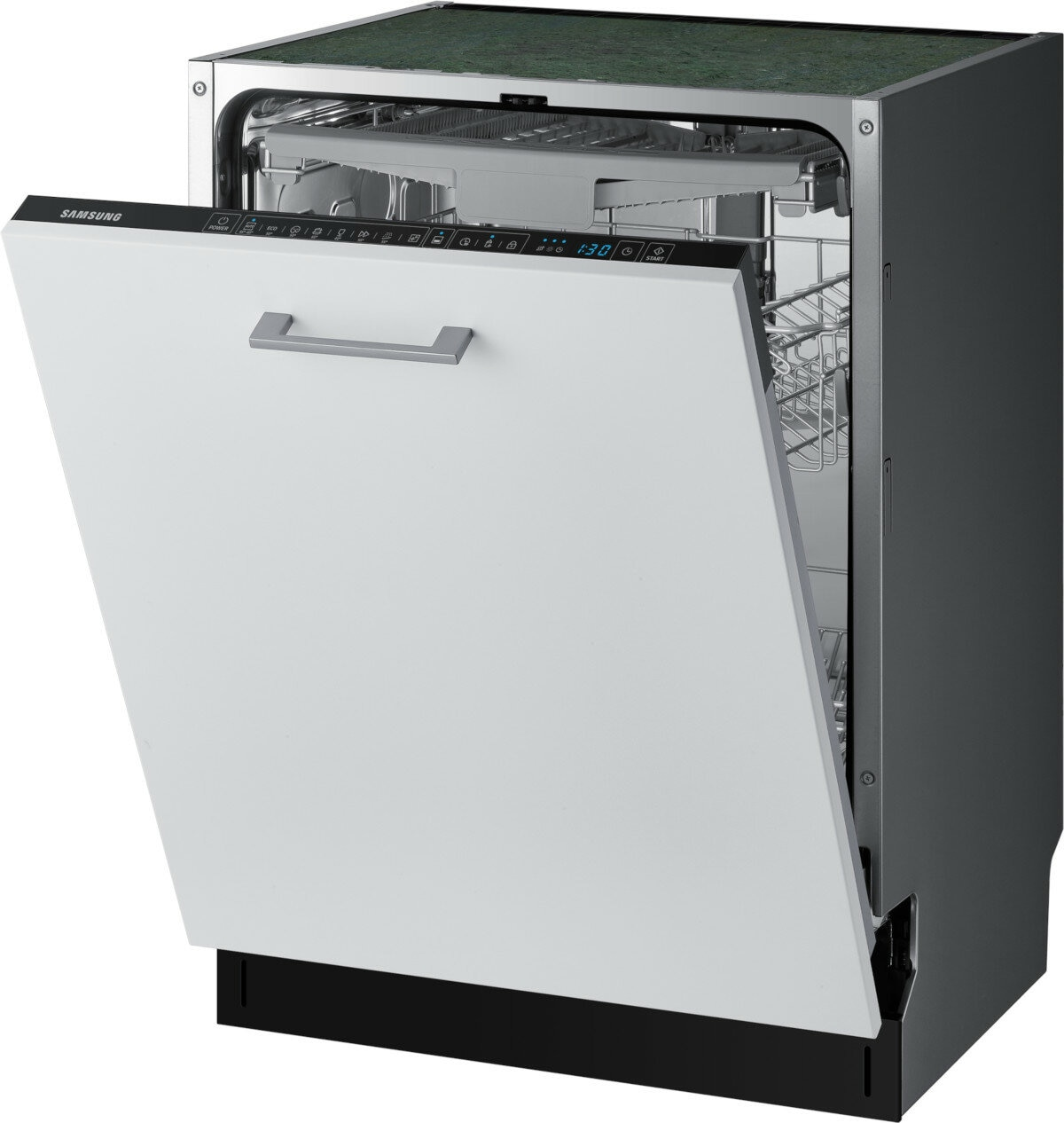 Biała zmywarka Samsung z otwartymi drzwiami. Panel sterowania jest widoczny. Ciemnozielony blat.