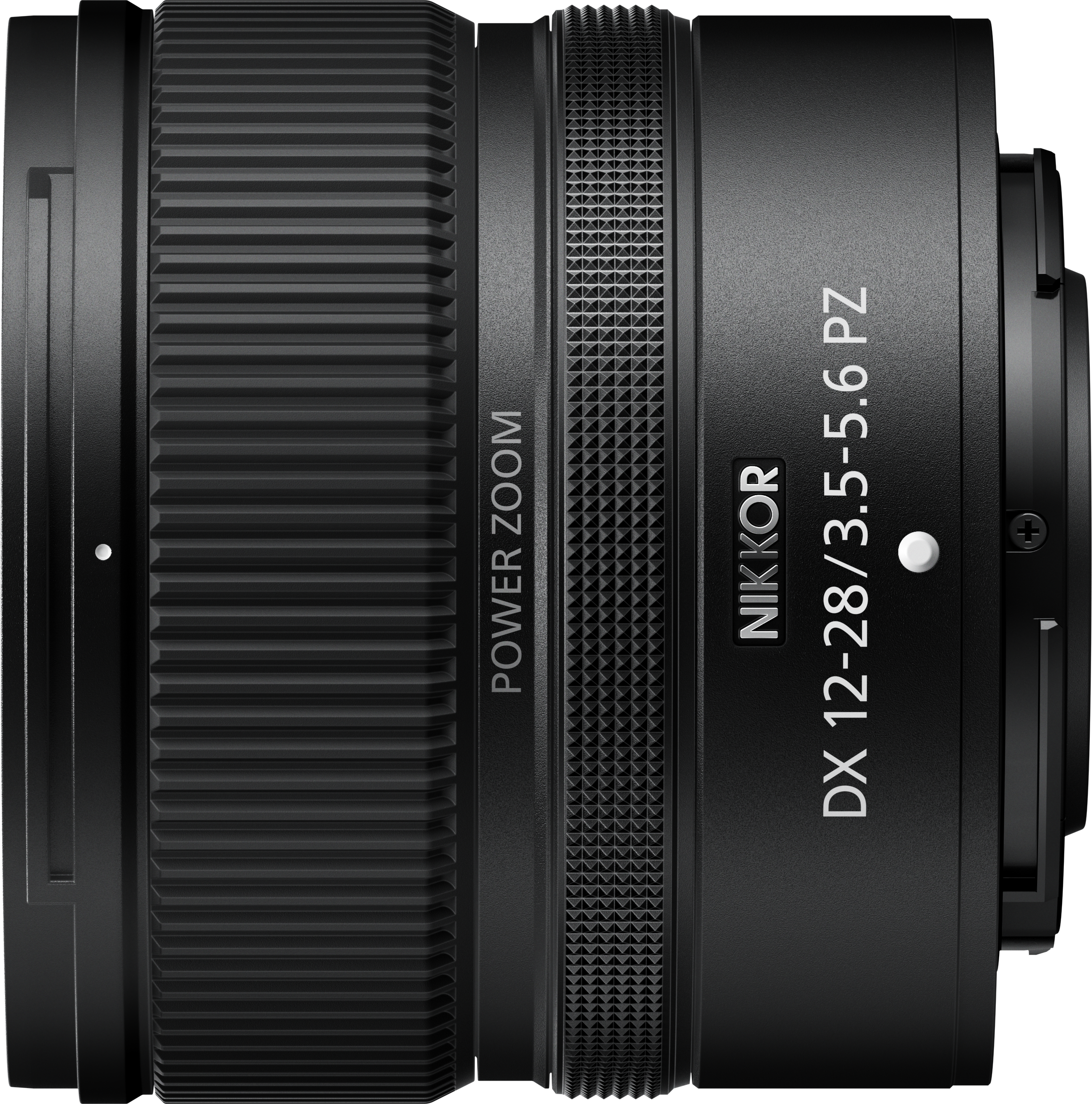 Schwarzes Kameraobjektiv mit Power-Zoom und dem Text 'NIKKOR DX 12-28/3.5-5.6 PZ'.