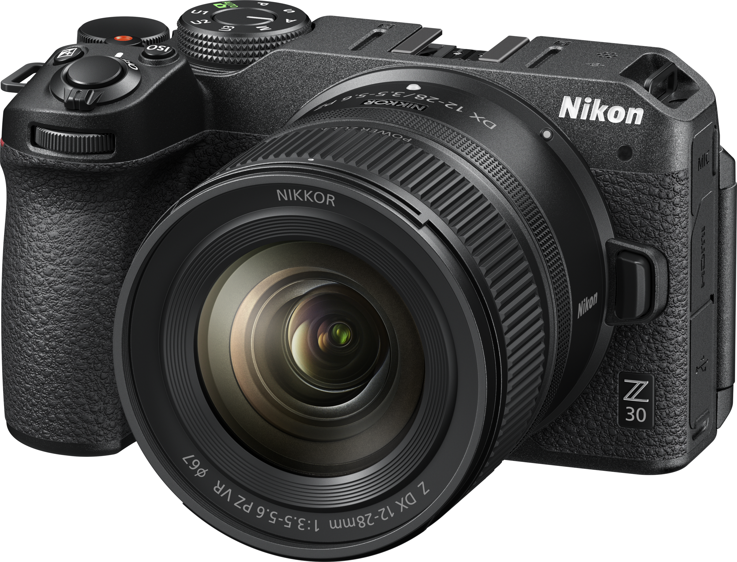 Schwarze Nikon-Kamera mit Objektiv, schwarzem Griff und silbernen Details. Nikon Z 30-Modell.
