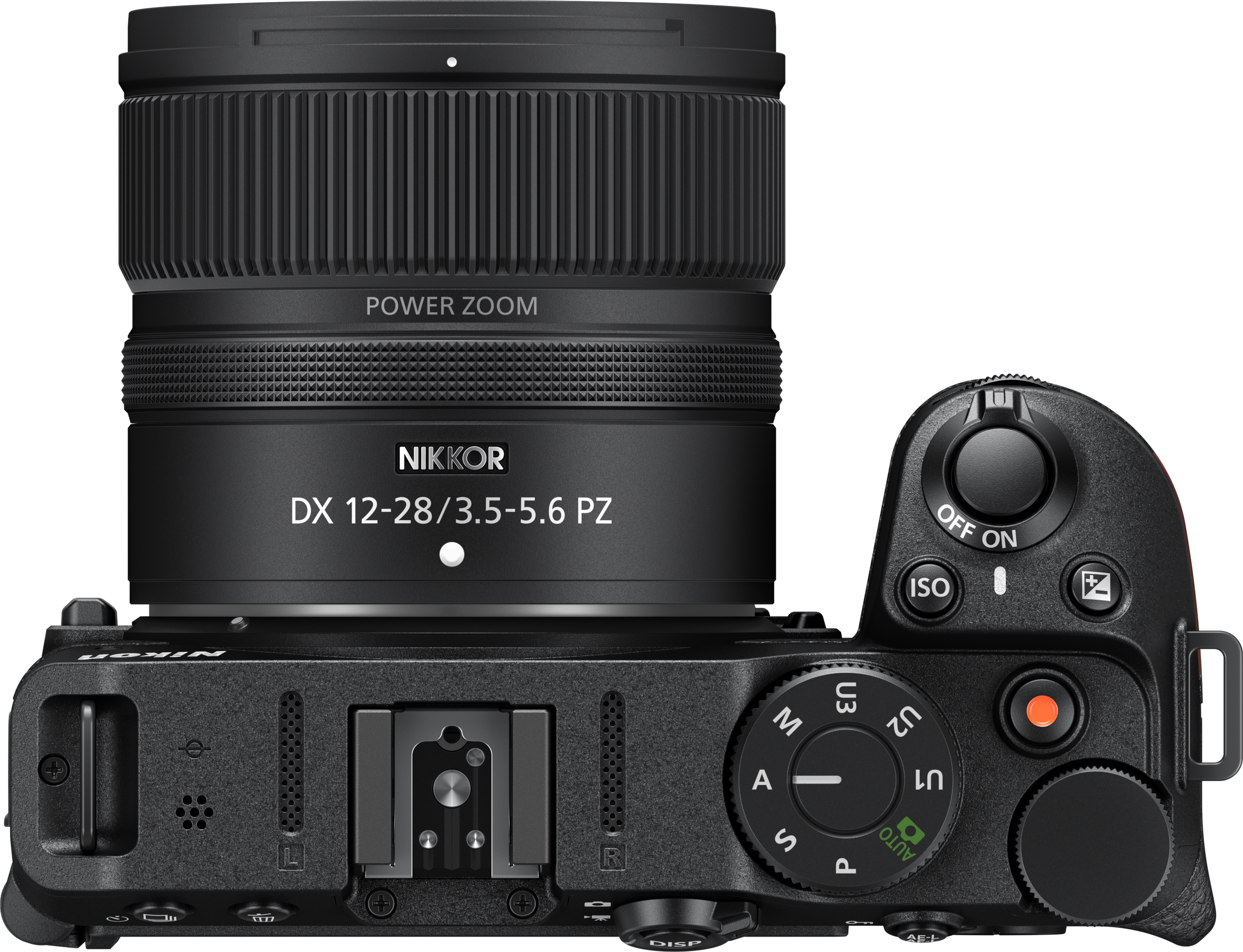Draufsicht einer Nikon spiegellosen Kamera mit Objektiv, Knöpfen und schwarzem Gehäuse.