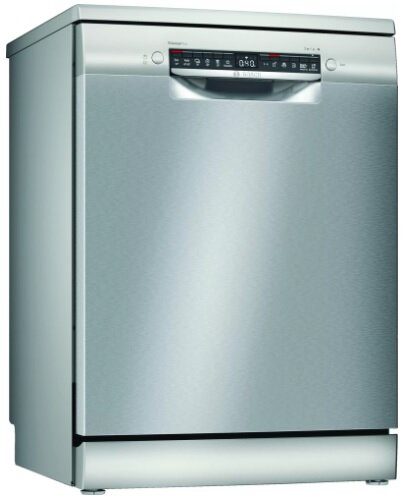 Srebrna zmywarka z cyfrowym wyświetlaczem i przyciskami na górnym panelu.