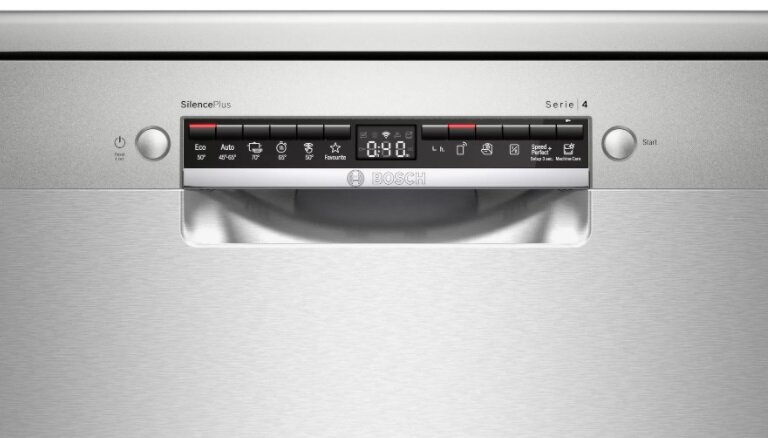 Panel sterowania zmywarki z wyświetlaczem cyfrowym.