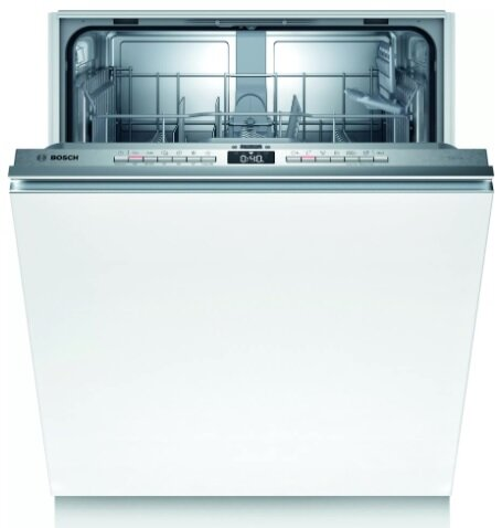 Biała zmywarka z otwartymi drzwiami. Wyświetlacz pokazuje 0:40. Srebrny panel.