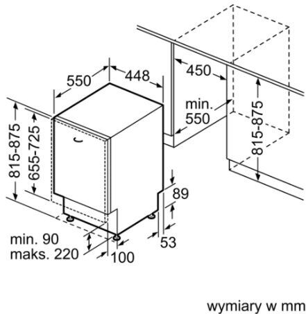 Schemat przedstawiający wymiary zmywarki. Wymiary podano w milimetrach. Zmywarka pokazana jest jako prostokąt.