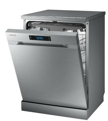 Srebrna zmywarka Samsung z otwartymi drzwiami, pokazująca wnętrze i panel sterowania.