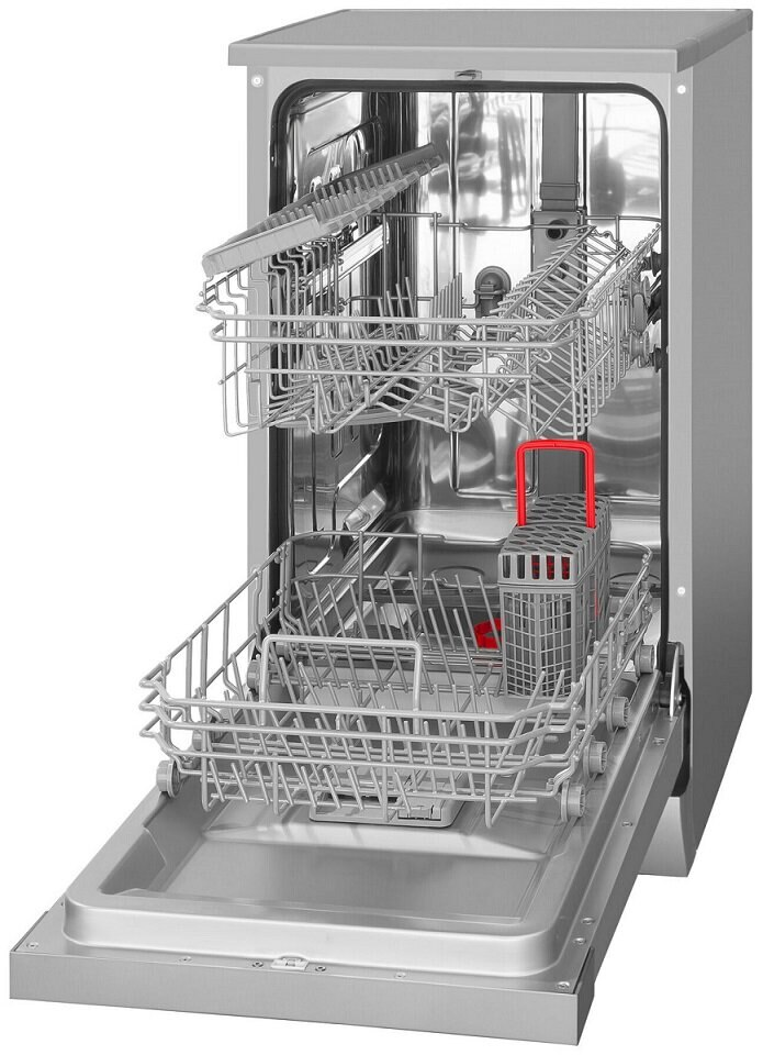 Wnętrze zmywarki z koszami, otwarte drzwi, szare i srebrne wykończenie.
