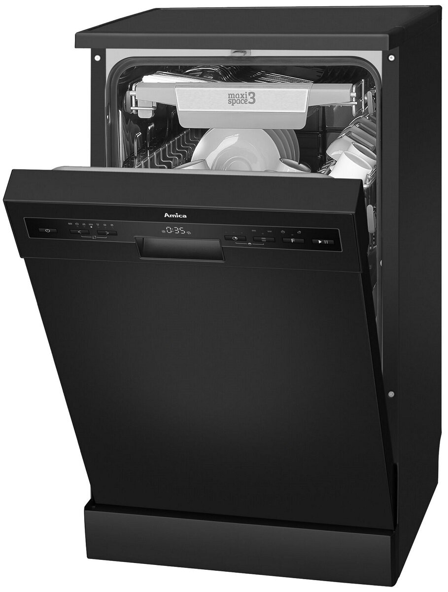 Czarna zmywarka Amica z otwartymi drzwiami. Wnętrze pokazuje naczynia. Wyświetlacz cyfrowy 0:35. Widoczne 'maxi space 3'.