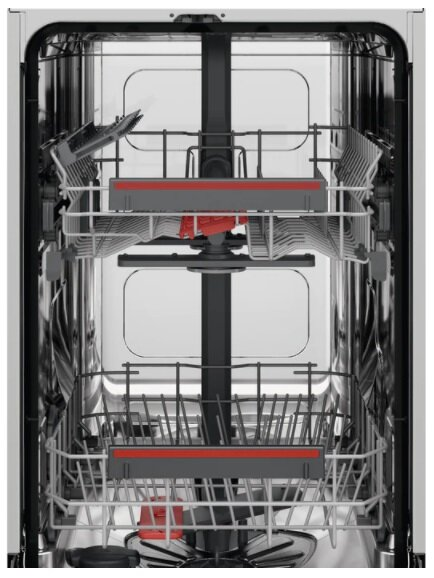 Wnętrze zmywarki, pokazujące kosze, ramiona natryskowe i wnętrze. Widok z przodu.