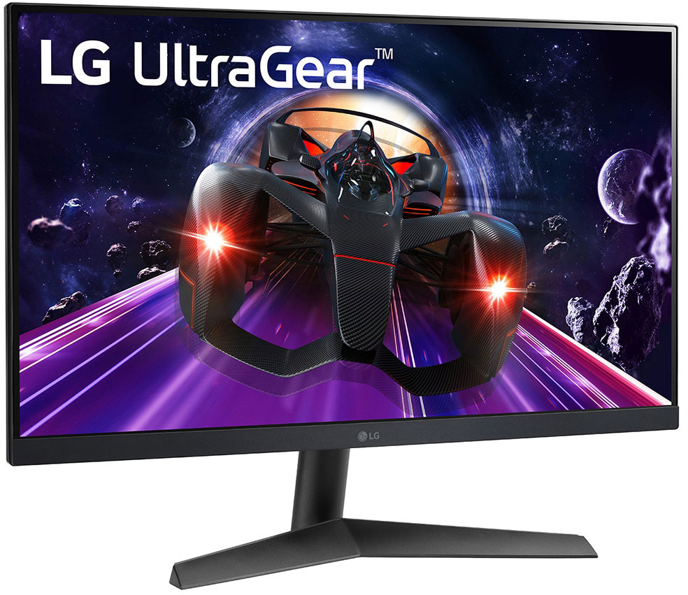 LG UltraGear gamer monitor egy futurisztikus autót mutat a világűrben.