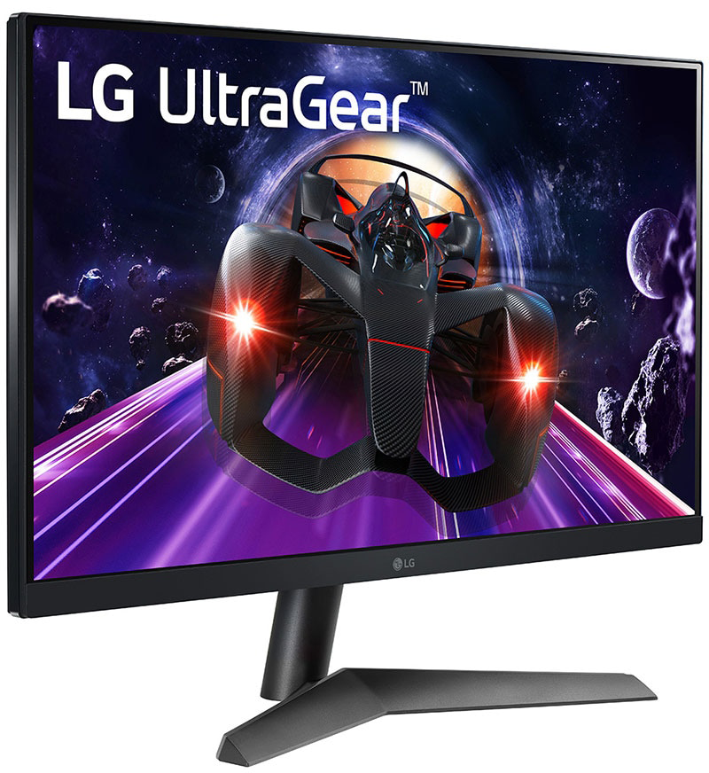 LG UltraGear monitor, egy versenyautót mutat űrjelenetben. Fekete monitortartó.