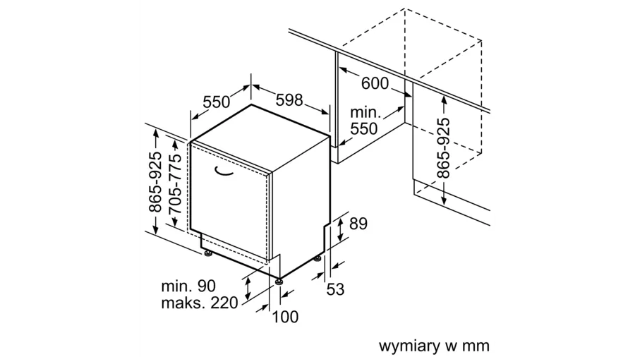 Schemat pokazujący wymiary do instalacji zmywarki w szafce kuchennej.