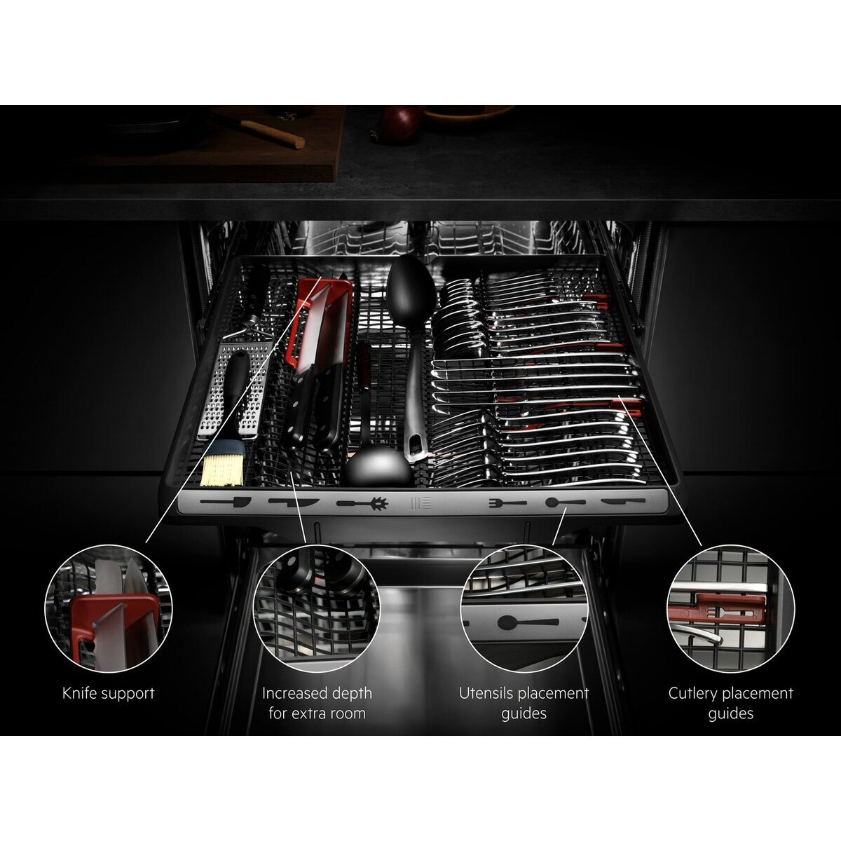 Szuflada zmywarki z przyborami i uchwytem na noże, z etykietami.