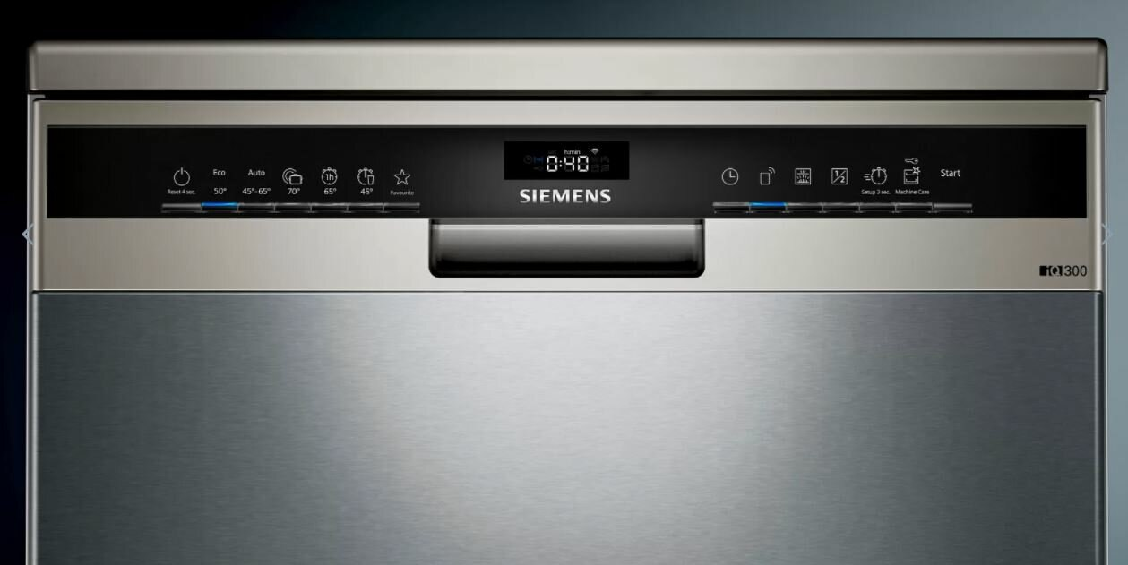 Panel sterowania zmywarki Siemens ze stali nierdzewnej z wyświetlaczem cyfrowym.