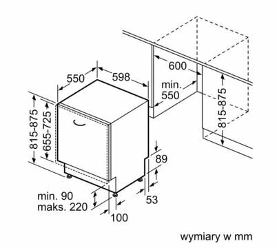 Diagram przedstawiający wymiary zmywarki, w tym wysokość, szerokość i głębokość.