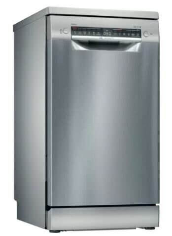 Srebrna zmywarka z panelem sterowania i uchwytem. Ma wykończenie ze stali nierdzewnej.