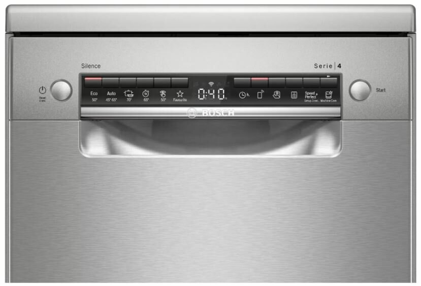 Srebrna zmywarka Bosch z wyświetlaczem cyfrowym.