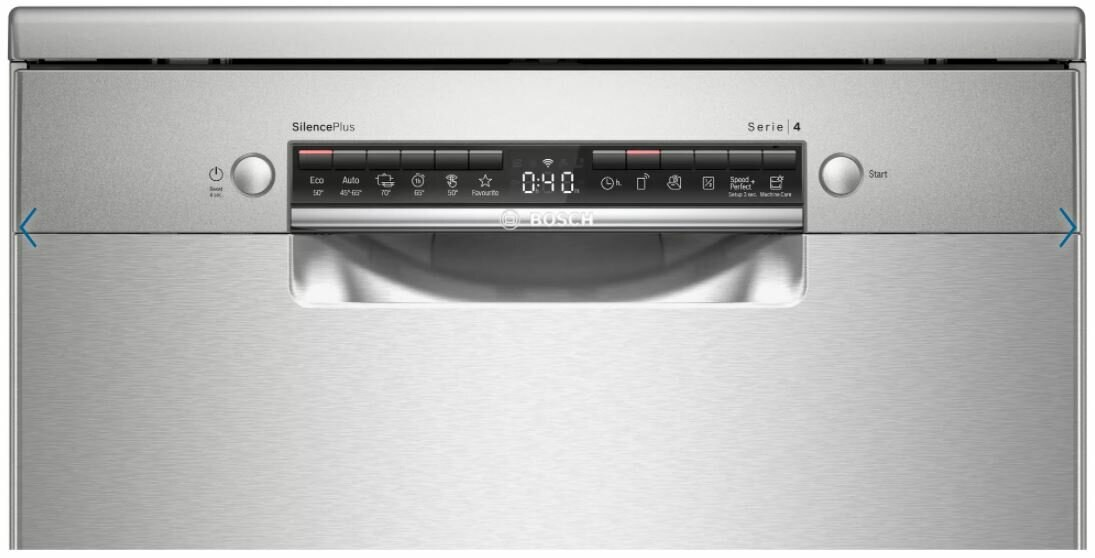Panel sterowania zmywarki ze stali nierdzewnej z przyciskami, wyświetlacz 0:40 i logo Bosch.