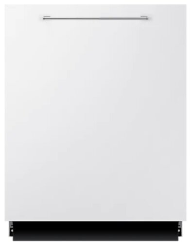 Biała zmywarka z uchwytem na górze. Minimalistyczny design z czarną podstawą.