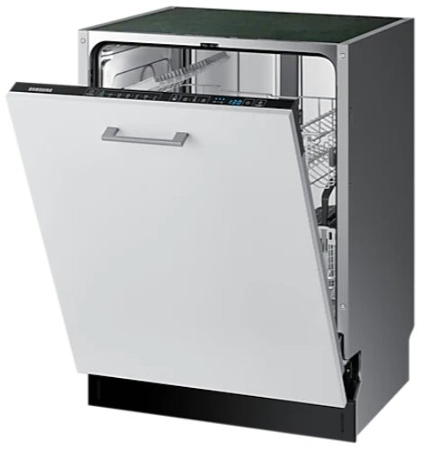 Biała zmywarka z otwartymi drzwiami, pokazująca wewnętrzne kosze.